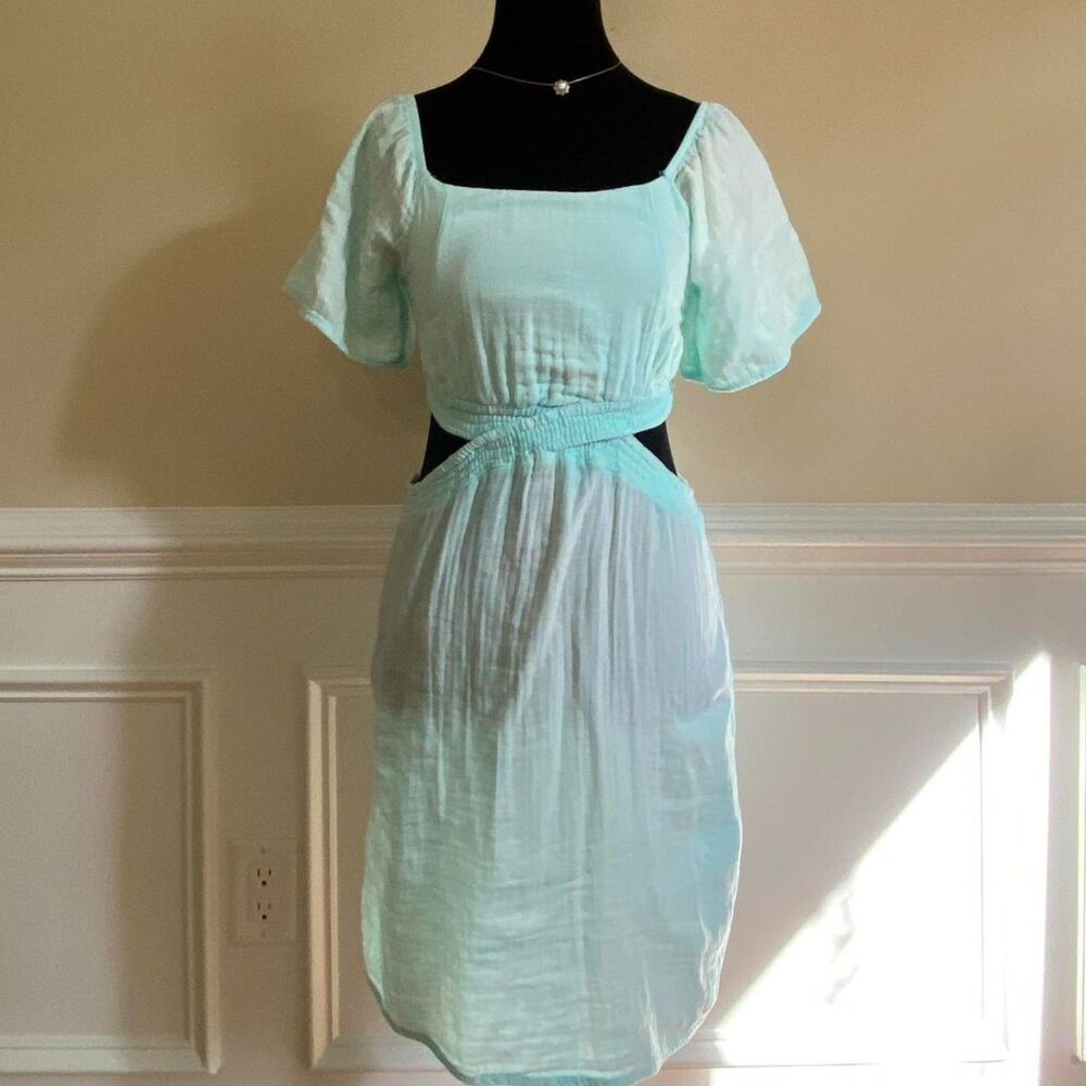 Pure Cotton Gauze Muslin Boho Smock Teal Dress  with Puff Sleeves